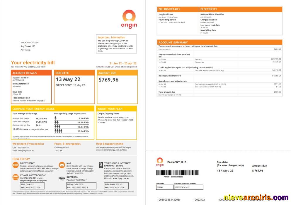 Australia Origin utility bill, 4 pages 1 2